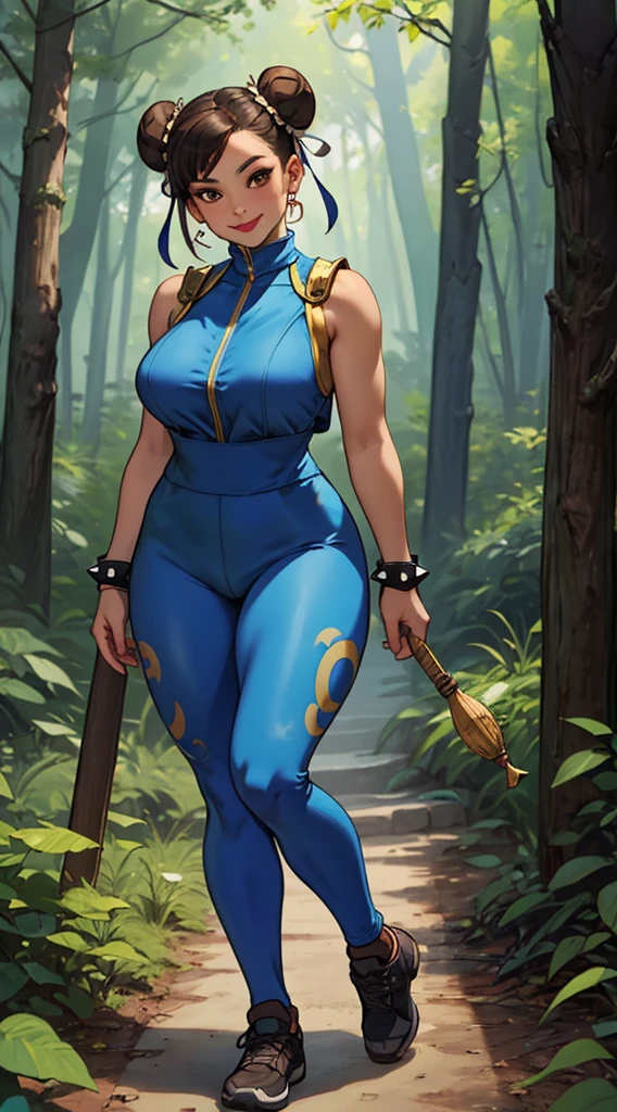 realistic, 1girl, Chun-li, short brown hair, double bun, (alone), (standing), (Curvy), smile, (masterpiece), (best quality, highly detailed, (blue legging jumpsuit), Forest, Spike bracelet,