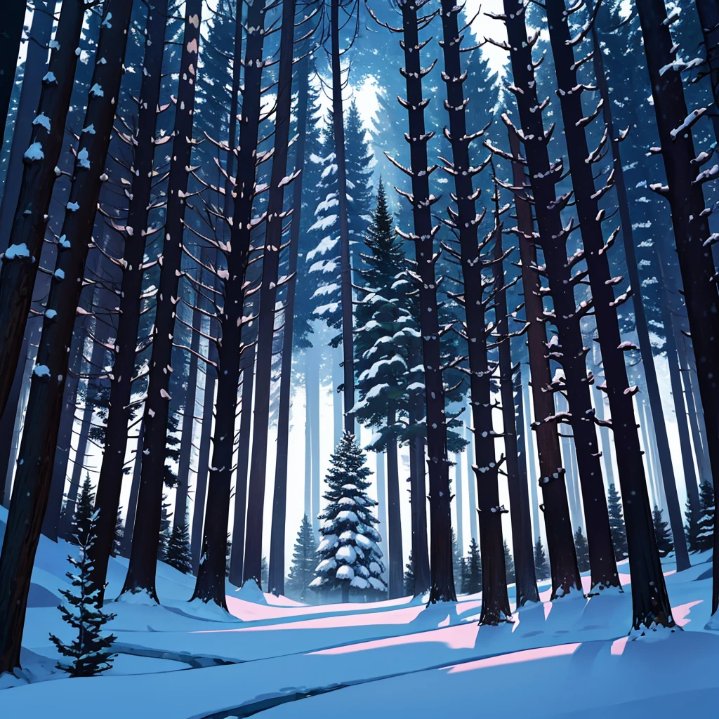 without people, without animals, a dark forest with snow covered trees, dense forest, concept art inspired by Raphael Lacoste, pixiv, conceptual art, anime background art, winter concept art, anime 8k woods, detailed scenery, snowy forest, snow forest, background artwork, background art, moonlit forest environment, quiet forest night scene, blue forest, winter forest, beautiful anime scene, in a snowy forest setting
