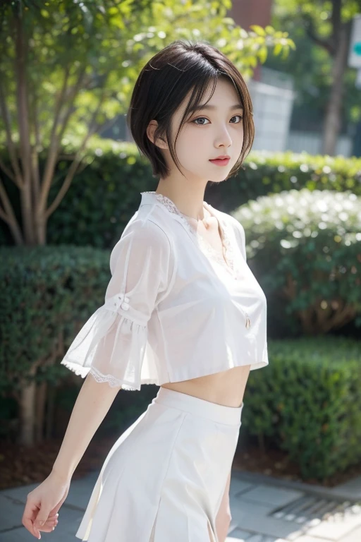 18-year-old woman, long-haired, RAW photos, bokeh (realism: 1.4, realistic), high-definition CG unified 8K wallpaper, 1girl, (((slim body: 1)), (plump breasts), back to the viewer, ((direct view from the front)), (HQ skin: 1.4), 8k UHD, DSLR, soft light, high quality, film grain, fujifilm XT3, ((uniform, short skirt, Choker, see-through shirt: 1.5)), ((outdoors, in the park))) Changju, portrait, ((layered short haircut, black hire)), (viewer: 1.4), (full body: 1.8)
