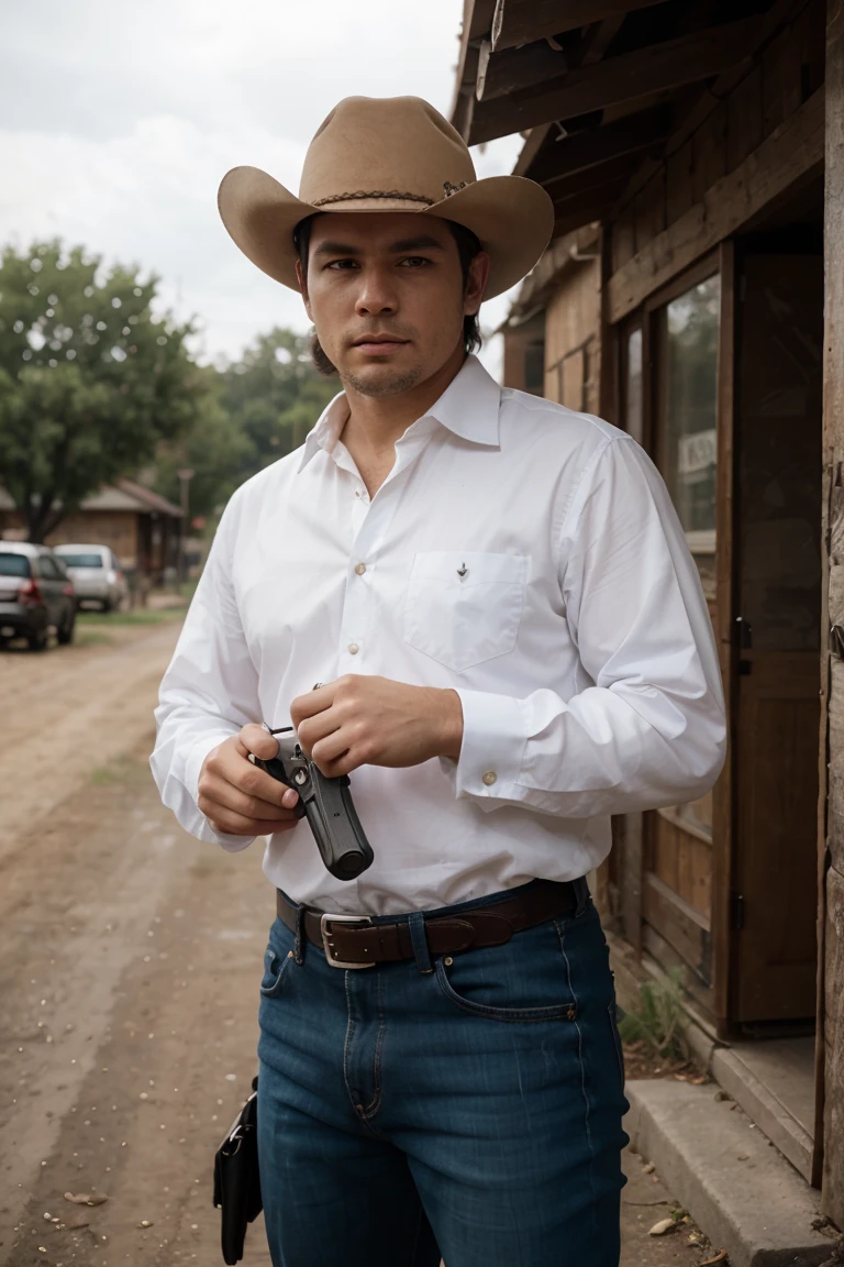 1 man, 30 years old man, Cowboy, cowboy uniform, with revolver in hand, standing outside, wild west in background
