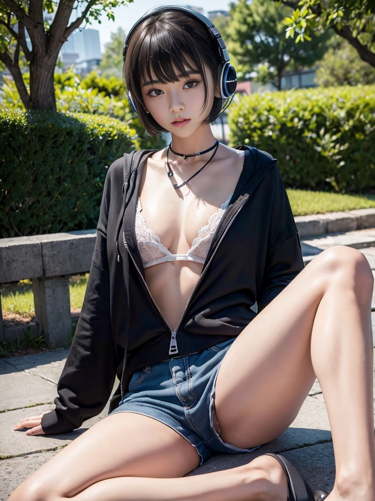 (​masterpiece、ultra-detailliert、in 8K、top-quality:1.5)、((Awesome))、Shorthair with bangs、Wearing a black hoodie、Blue shorts、hyper cute face、smil、((Wear black headphones around your neck))、sitting on、(legs spread seductively)、a park、Glossy lips, double eyelids in both eyes、Natural makeup、White underwear、17 age