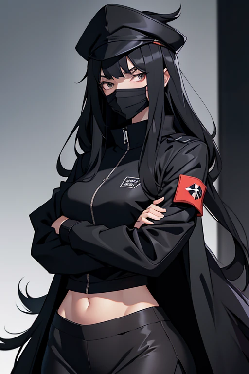 one tall woman、190cm tall、Black long-haired、long bangs、The right eye is hidden、Covering the nose and mouth with a black mask、black school cap、black jacket with long hem、Arms crossed、sharp eye、Navel Ejection、Have an iron pipe