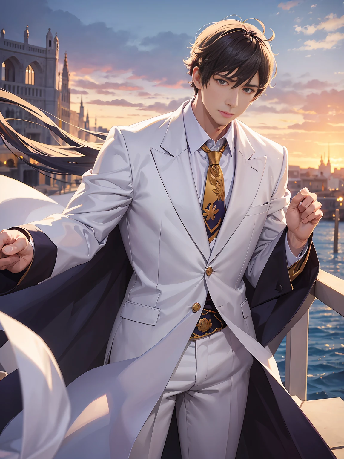 anime.Constantine the Great, Roman Emperor Constantine the Great resurrected in modern times。34 years old。one adult male。Long body。broad shoulder。thick neck。eyes like a lion。Bright and sharp eyes。Looking here。Sincere and kind。Kind and reliable。Deal with it sternly if necessary.。talented and hardworking businessman。successful gentleman。careerist。he is wearing a high quality white suit。dark purple tie。Light purple shirt。forceful。An overwhelming sense of control。romance novel hero。Bold composition。look up to。lyrical。Dramatic。heartful。Romantic。opulent。elegan。elegance。Venice background in the sunset。​masterpiece。top-quality。Super beautiful。The ultra -The high-definition。detaileds。exquisite。
