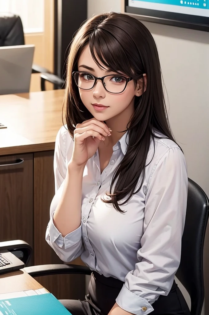 Pretty Brunette Office Girl, at reception desk, white shirt, glasses.