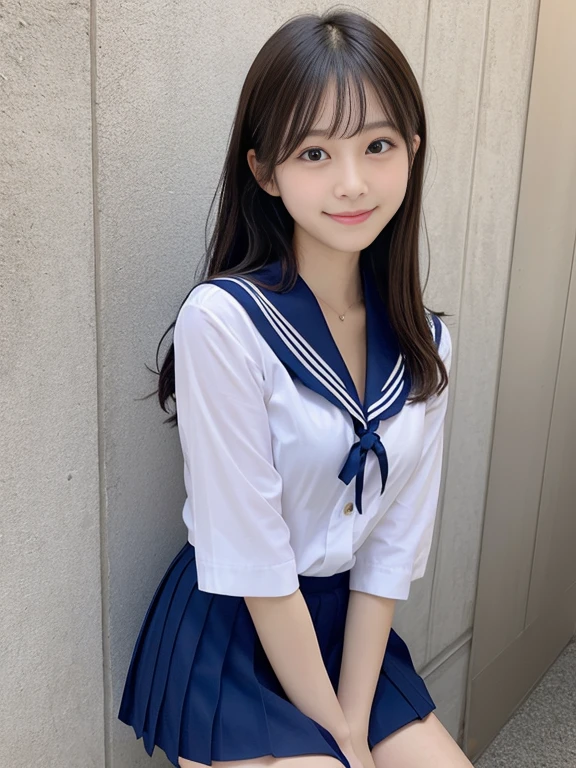 japanes、girl with、1人、sixteen years old、A dark-haired、length hair、poneyTail、high-school uniform、a sailor suit、やぶけた白いa sailor suit、Underwear on bare chest（Ren Hao）is visible、shortsleeves、cleavage of the breast、Dark blue mini skirt、thighs thighs thighs thighs、knee sox、tiny chest、Gentle smile、lightly dressed、Skin revealing、A sexy