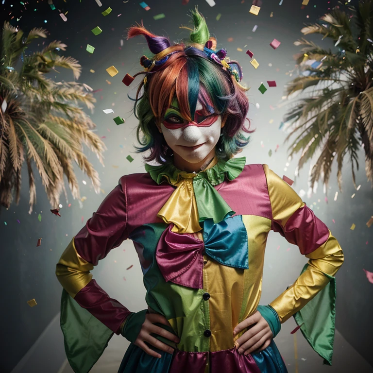 Imagine a green clown wearing a colorful wig and a New Year&#39;s mask, with his hands on his hips and an irritated expression as confetti falls around him.