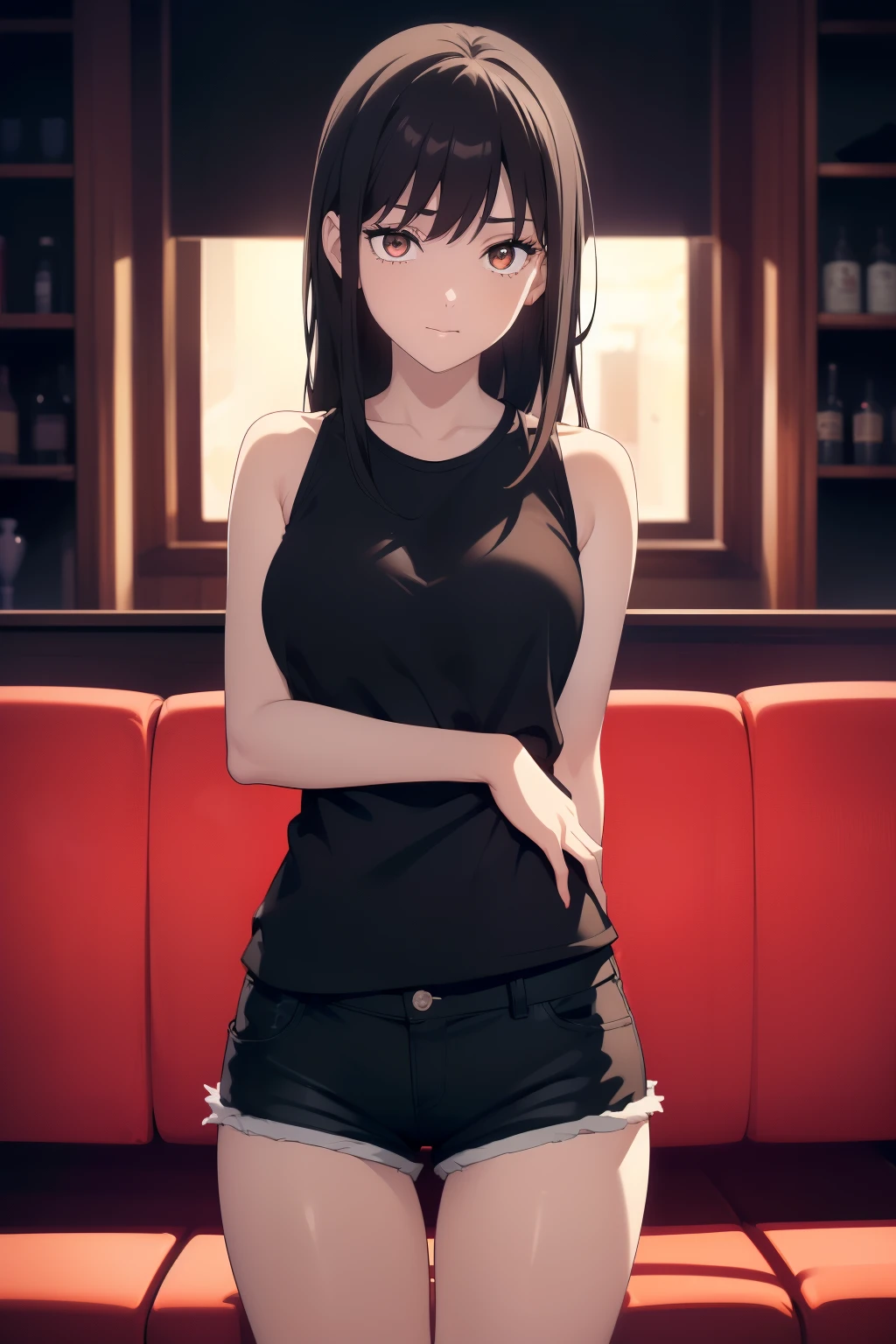 (((Obra maestra, La mejor calidad, ultrahigh resolution))), ((expressive brown eyes)), a clear view of a happy looking girl standing in a club waiting for someone)), (black t-shirt, jean shorts, black hair, long dark black hair), pale skin, ((brown eyes)), (glowing_eyes), ((centered)), ((wide shot)), facing viewer, ((indoor party, purple and black lights, black dancing silhouettes:0.9)), medium breasts, looking at viewer, ((perfect hands)), (((head:1, arms, hands, elbows, thighs, in view))), lively eyes, beautiful lighting, background, ((defined subject)), 25 years old, (head tilt), (((cool))), ((lively)), (((reserved pose))), ((perfect anatomy))