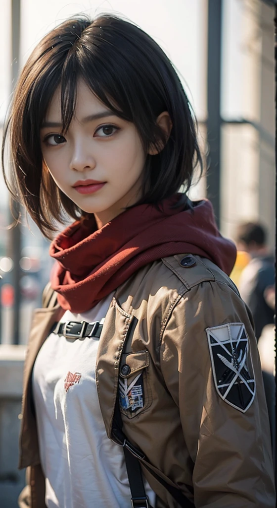 (masterpiece), (hyper realistic), Attack on Titan, upper body, Mikasa Ackerman, wearing Streetwear Hoodie, red scarf on the neck, sad smile, dinamic lighting, blurry background