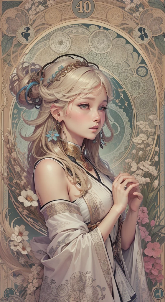 Genshin, light hair, tarot card art, line art, clean line art, Nature-themed coloring mandala, colorful,  and clean line art, adorned in Art Nouveau style, Alfons Mucha, perfect intricate details, realistic.