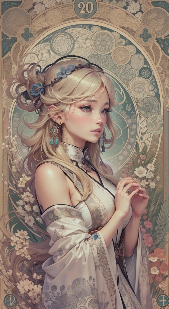 Genshin, light hair, tarot card art, line art, clean line art, Nature-themed coloring mandala, colorful, and clean line art, adorned in Art Nouveau style, Alfons Mucha, perfect intricate details, realistic.