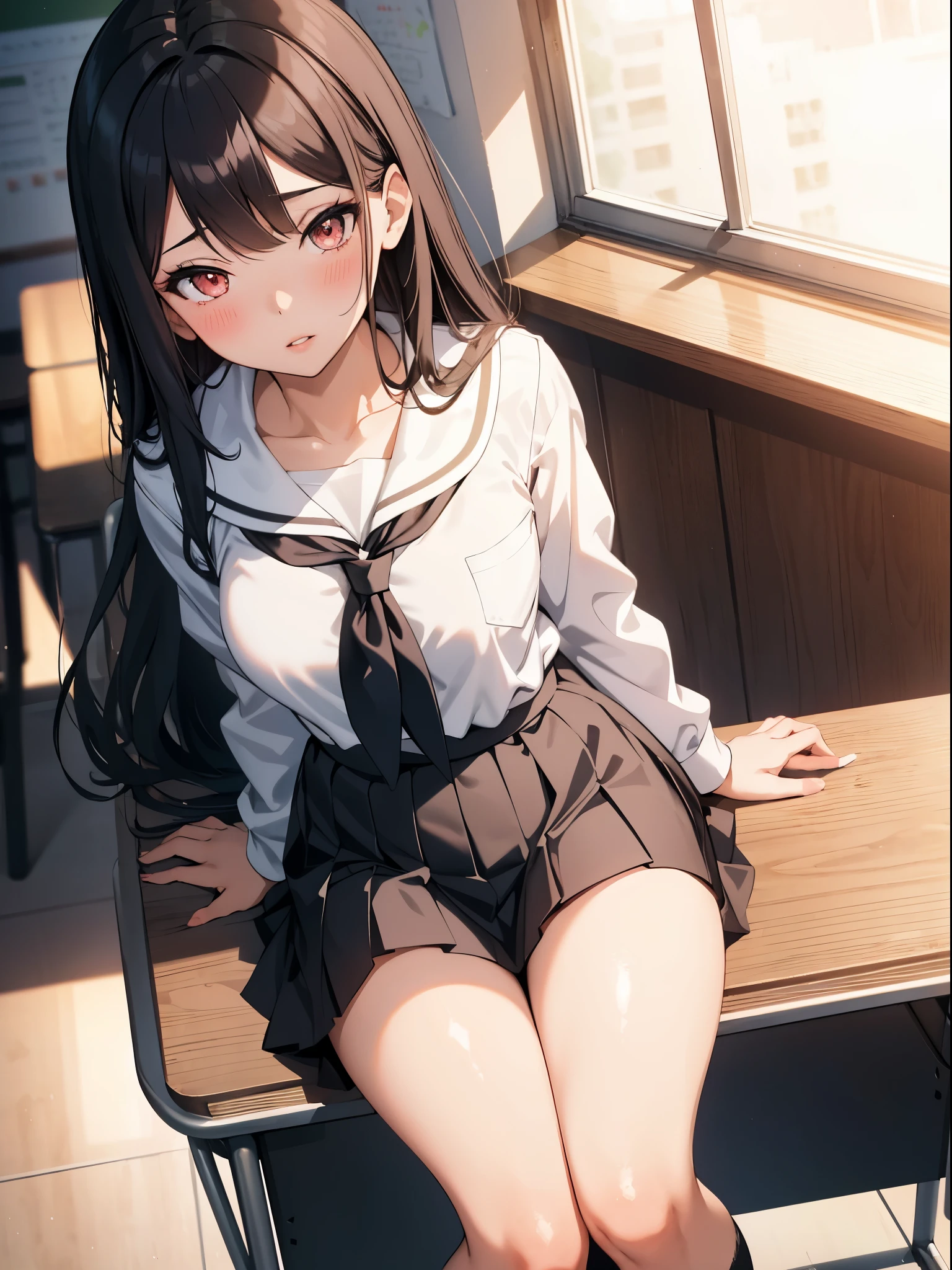 1woman, long hair, mature, parted lips, blush, makeup, provoking, sitting, school uniform, classroom, light rays, glow, thighs, collarbone, narrow waist, (masterpiece), wallpaper, wide angle, from above