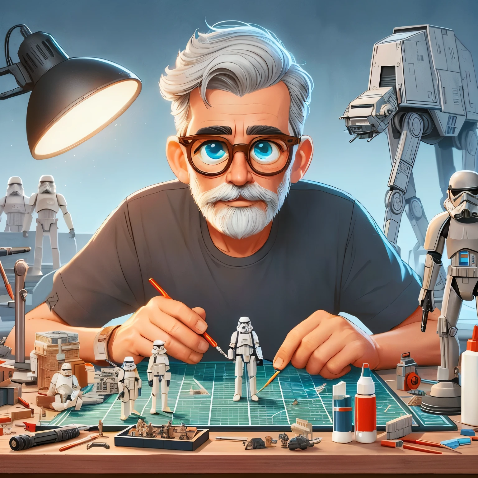 a close up of a man sitting at a table with a model of a star wars battle, inspired by George Lucas, inspired by Ralph McQuarrie, 3 d epic illustrations, lucasfilm jesper ejsing, star wars art, detailed 2d illustration, inspired by Scott Listfield, star wars digital art, 3 d artist, style of ralph mcquarrie