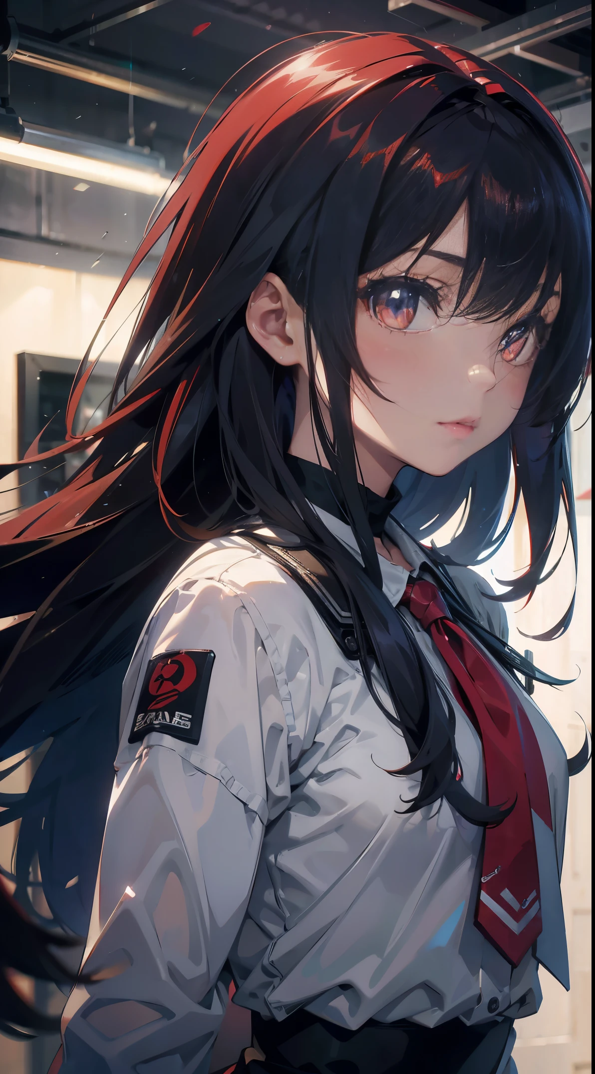 (Best Quality,4K,High resolution), 18yo woman, Red mesh hair on black hair, Shiny long straight hair, Innocence,sharp eye、red eyes、small nose、eye liner、 Luxury Black Silk Babydoll、Lonely face、Shoku、profile、slenderbody、Comical appearance,comic strip,animesque,Deformed cute illustration、Delicately expresses realistic skin texture、Muscle texture reproduction、Knife Art