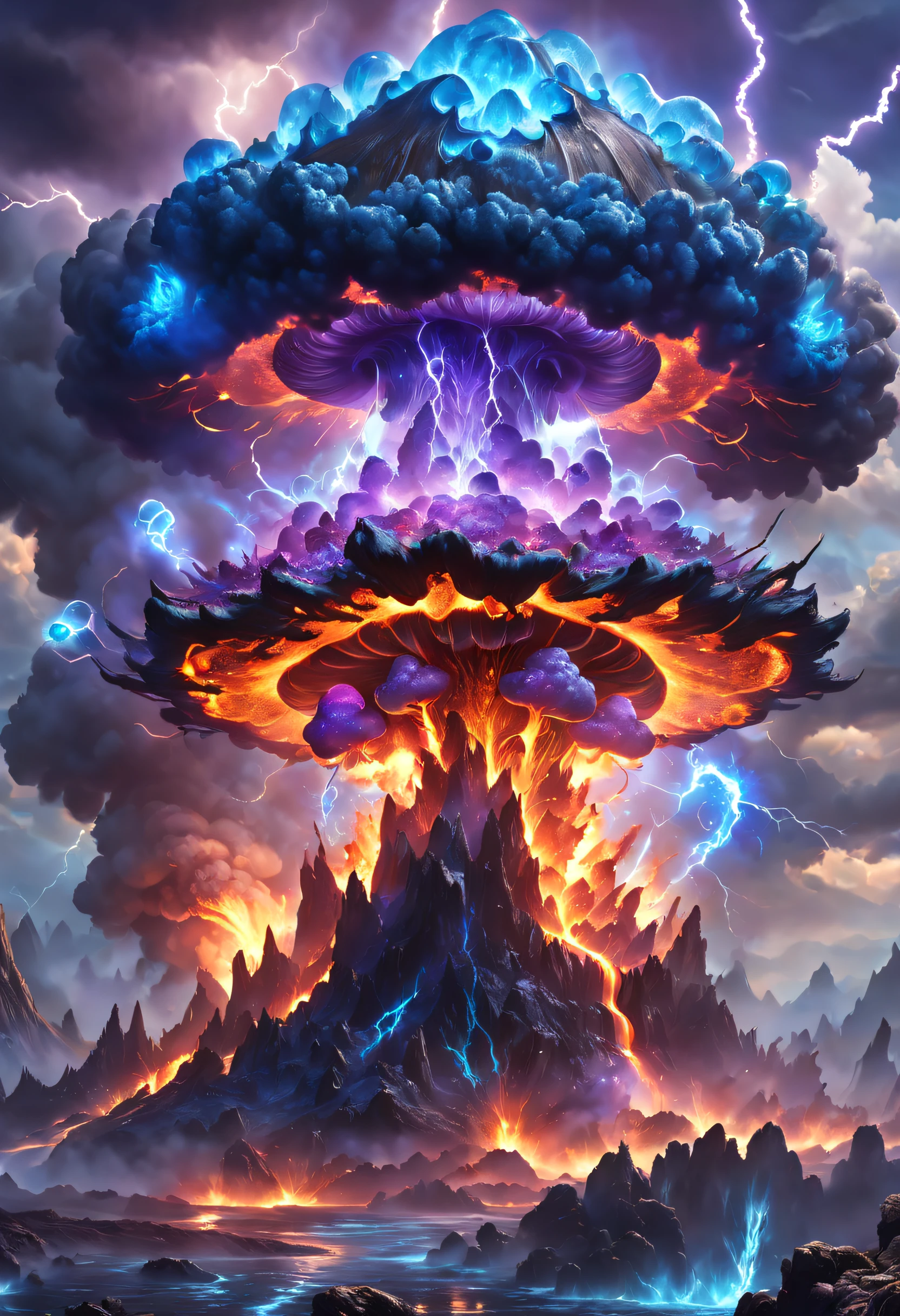 volcanoeire glow,blasts,molten lava,dense smoke,Nuclear explosion mushroom cloud explosion site,Pair with purple and blue gemstones, fantasy highly detailed, With gorgeous magic lightning rings, magia, beautiful detailed fantasy, hyper-high detail, , magic fantasy highly detailed, stuning fantasy 3 d render, Inspired by L. A, Highly detailed aesthetics, hyper-high detail