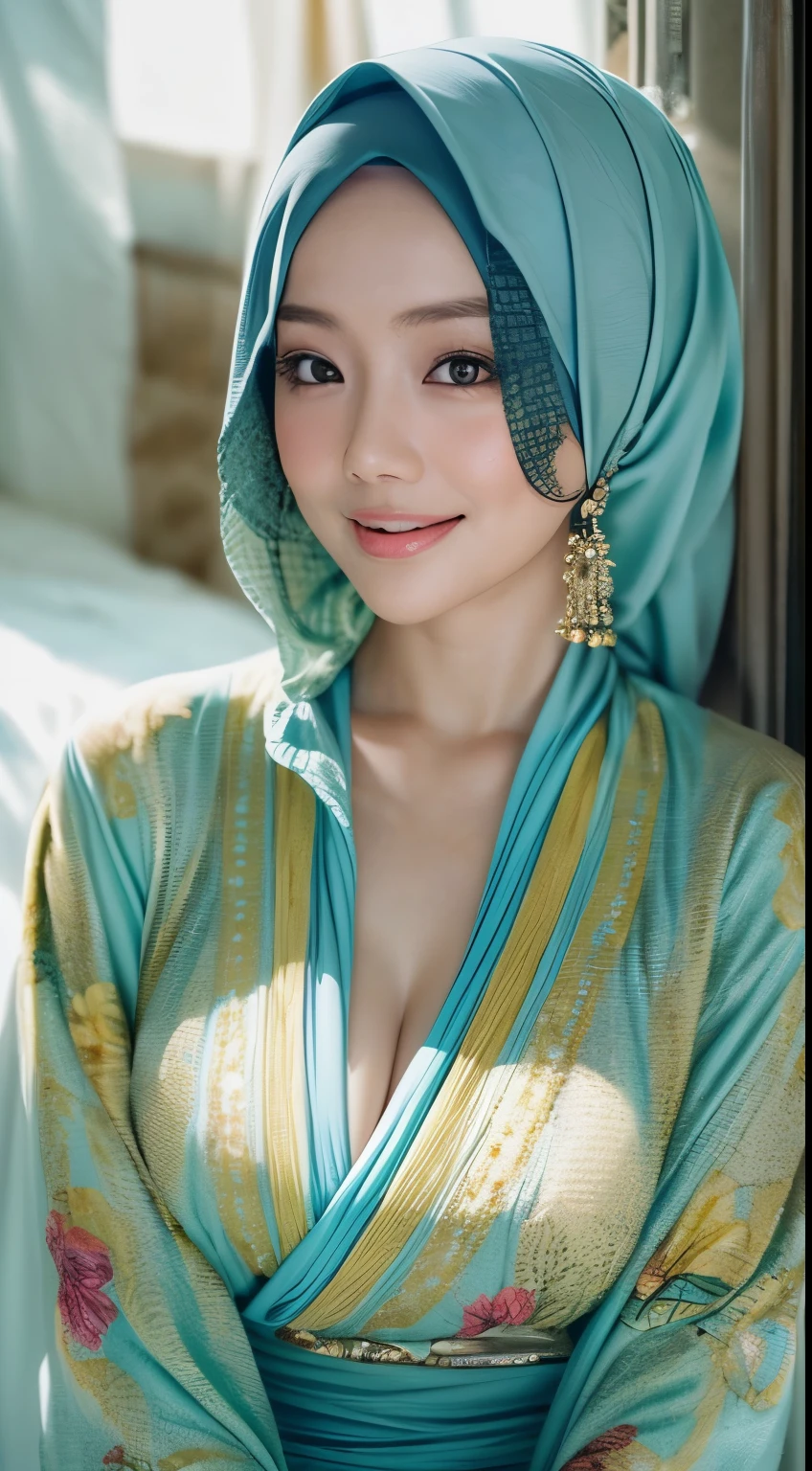 (64k, RAW photo, best quality, masterpiecel1.4), (realistic, photo-realistic:1.37), extremely detailed beautiful japanese muslim woman, extra detailed ray light, (lightinedium-breasted:1.2), ((erectnipples)), (((unbutton blue blouses revealing a flesh-colored skin))). overexposed breast, overexposed navel, overexposed erected , overexposed slim hips, ((detailed breast cleavage:1.1)), ((plump body)), (((petite))) ((photo of a japanese woman in blue hijab)), ((muslim woman in short blue hijab)), no hair visible, ((upper body shot)), thick eyebrows, ((looking at viewer)), ((in the bedroom)), [[lay on the bed]], head on the pillow, hands behind the head, spread armpit, ((smiling face)), happy face, creative upscale, shot from above