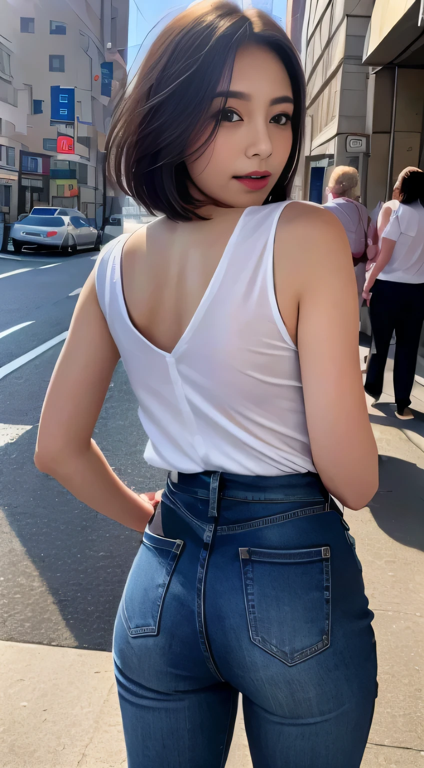 ((Best Quality, 8K, masutepiece :1.3)), Sharp Focus :1.2, Perfect figure beautiful woman:1.4, Slim abs:1.2, ((Short to medium hair:1.2)), (tanktop shirt:1.1 ),Skin Tight Jeans,high heels body shot shot, (the street:1.2), Highly detailed facial and skin texture, A detailed eye, 二重まぶた,stand tall above the audience,Smile Back,rounded buttocks