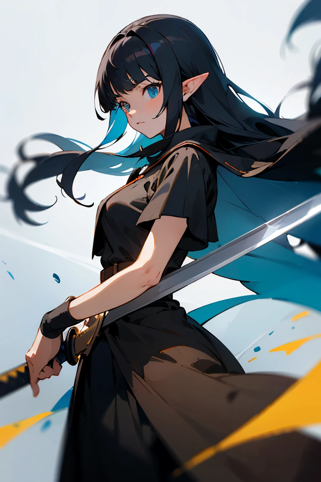 ((best quality)), ((master part)), (circunstanciado), rosto perfeito, elves, anime girl, black dress, long black hair, sword, shild, warrior,