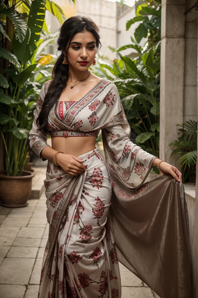 18 yearold girl(best quality,4k,8k,highres,masterpiece:1.2),ultra-detailed,(realistic,photorealistic,photo-realistic:1.37),portrait,girl,wearing saree maxi,small chain on neck,black hair,hair band in ponytail,vivid colors,soft lighting,lush garden background,subtle bokeh,warm color tones,rich girl,red lipstick,earing,wearing same dress,wearing saree,traditional maxi ,beutifull print,not asspose skin,long full sleeve long dress,hide the skin with dress shy,blouse touches the  skirt,net fabric shawl,wearing a small bangle on hand,round neck design dress,wearing bangles