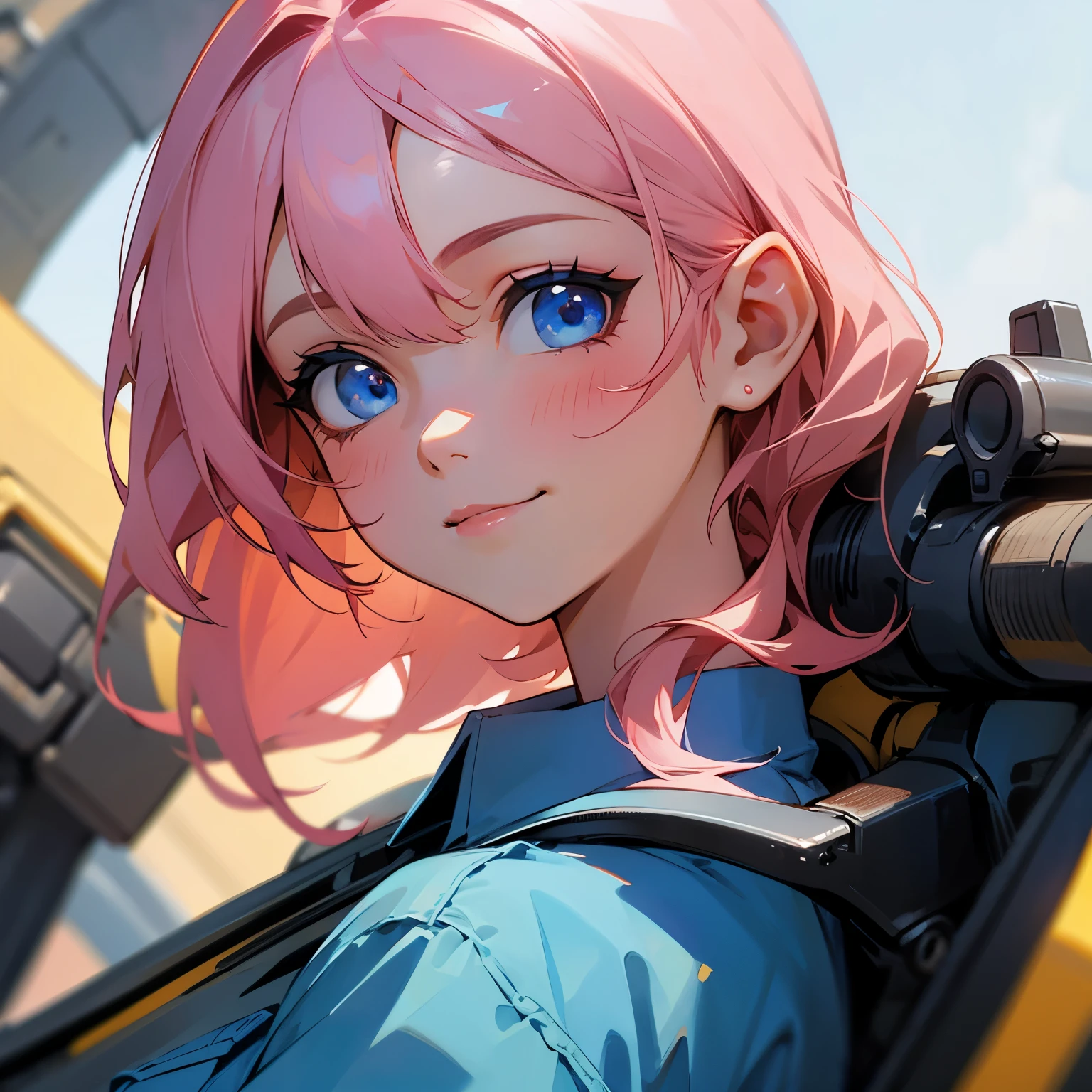 (a mechanic girl, extremely close-up:1.2), (highly detailed background:1.0), (highly detailed background:1.0), masterpiece, best quality, ultra high resolution, 8K, BREAK, (pink and golden hair, middle hair), BREAK, detailed clothing, light blue shirts, half sleeves, detailed skin, glossy skin, detailed eyes, blue eyes, looking at the viewer, smile, daytime