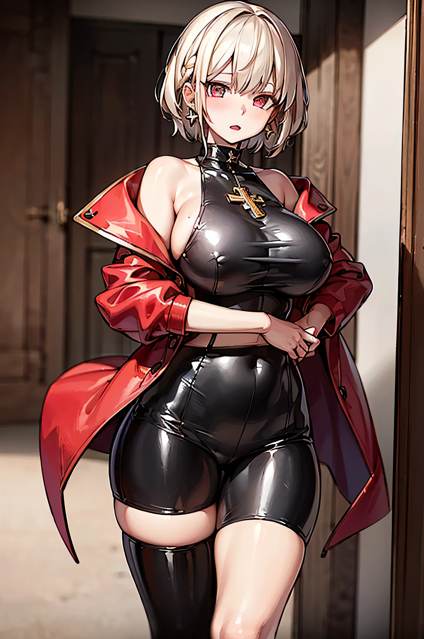 ((Best Quality, 8K, Masterpiece: 1.3)), 1girl, Beauty: 1.3, (Hairstyle Casual ,short white hair, Big Breasts: 1.2), black outfit: 1.1, Super Fine Face, Delicate red Eye color, green earings shaped like a cross, no sleeves, red cloak attached by gold round pins at the chest falling off shoulders, thigh high black latex