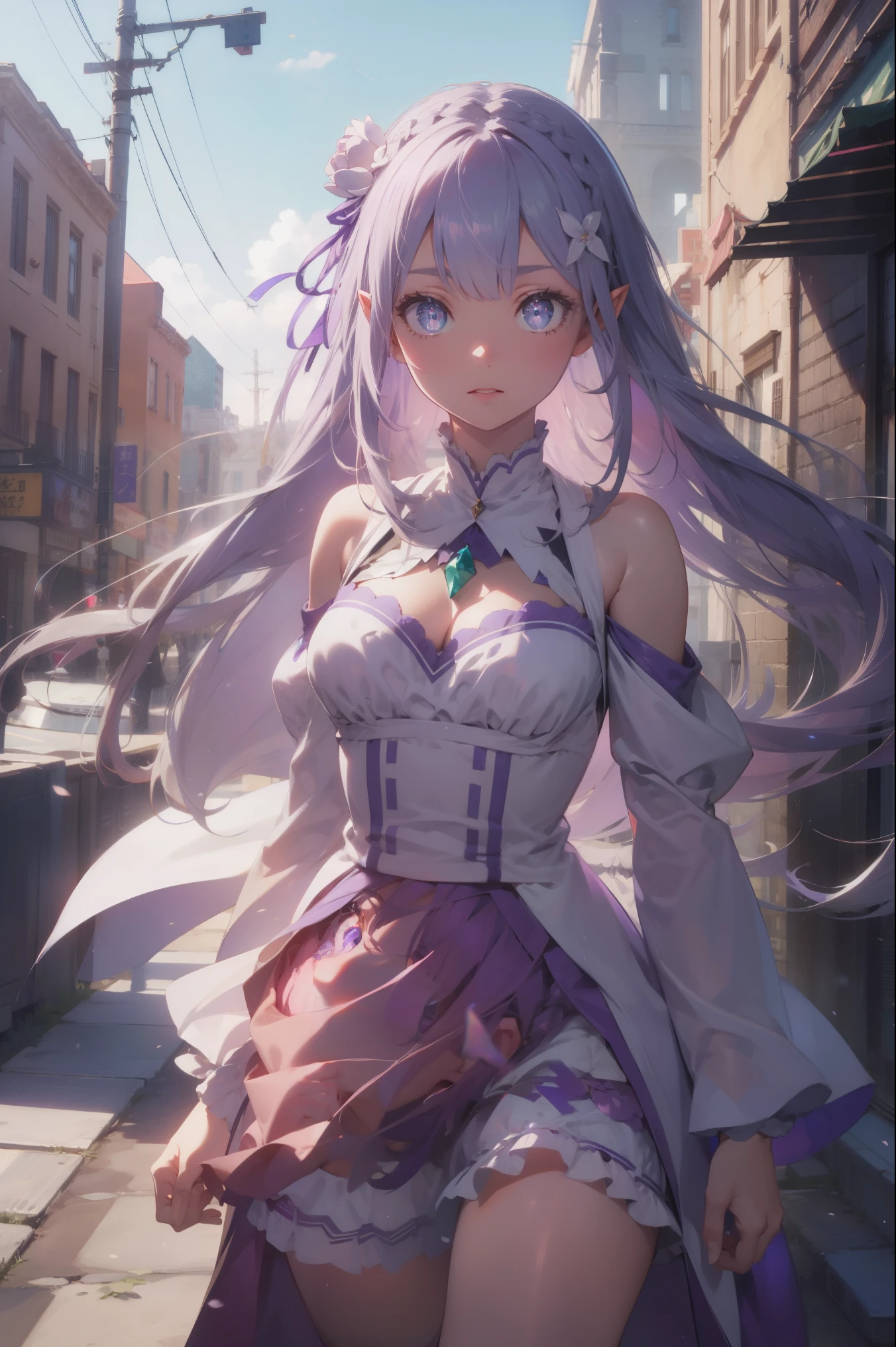 rezeroemilia, emilia, braid, crown braid, flower, hair flower, hair ornament, hair ribbon, long hair, low-tied long hair, (purple eyes:1.2), pointy ears, white flower, x hair ornament,
BREAK bare shoulders, detached collar, dress, long sleeves, low-tied long hair, navel, pink dress, shoulder cutout, thigh gap, wide sleeves,
BREAK outdoors, city,
BREAK looking at viewer, BREAK (masterpiece:1.2), best quality, high resolution, unity 8k wallpaper, (illustration:0.8), (beautiful detailed eyes:1.6), extremely detailed face, perfect lighting, extremely detailed CG, (perfect hands, perfect anatomy),