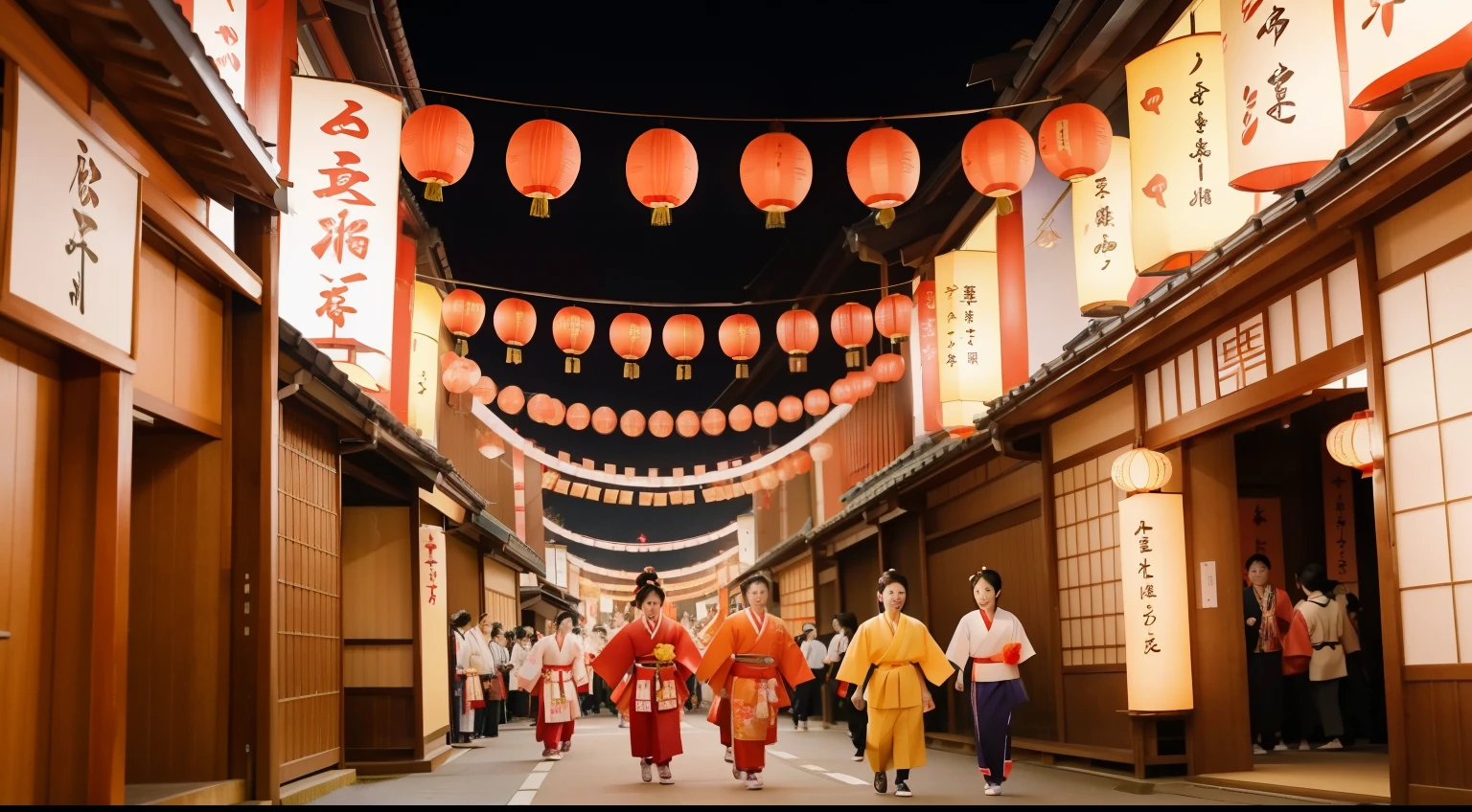 Year: 2023. Activity: Japanese New Year Festival in Kyoto.
Description: A lively street festival in Kyoto with characters dressed in traditional kimonos. Colorful lanterns, decorative floats, and the joyful atmosphere of New Year's celebrations.
