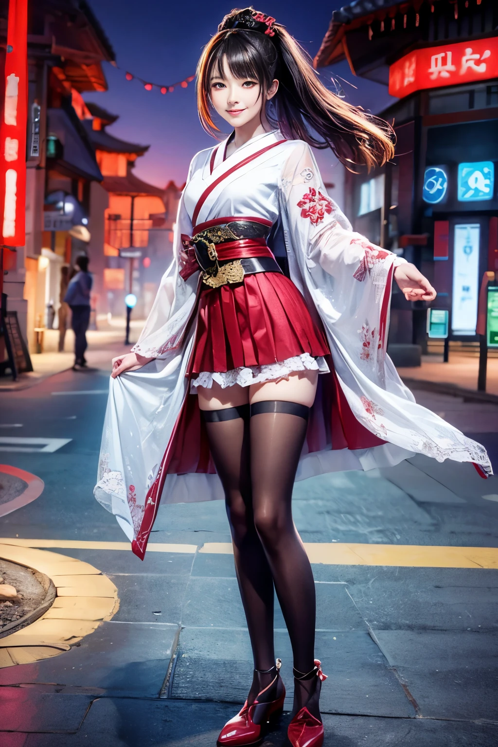 (Best quality,8K,32K,tmasterpiece,hyper HD:1.2),Photo of Pretty Japanese woman in the,(Sad smile,The face is red:1.1),looking at viewert,(Beautiful details on the skirt:1.2),Detailed legs:0.9),(Lace:0.powers:1.6),Full body lesbian,ventania,城市,allure