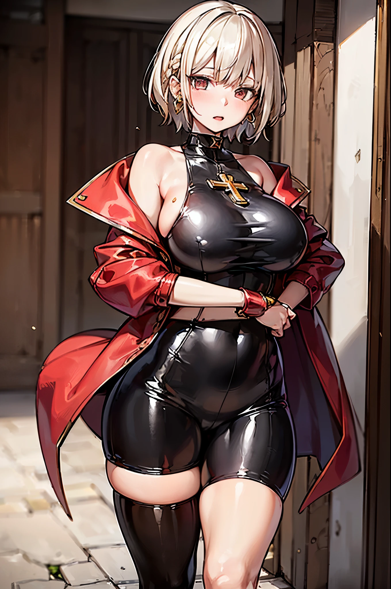 ((Best Quality, 8K, Masterpiece: 1.3)), 1girl, Beauty: 1.3, (Hairstyle Casual ,short white hair, Big Breasts: 1.2), black outfit: 1.1, Super Fine Face, Delicate red Eye color, green earings shaped like a cross, no sleeves, red cloak attached by gold round pins at the chest falling off shoulders, thigh high black latex