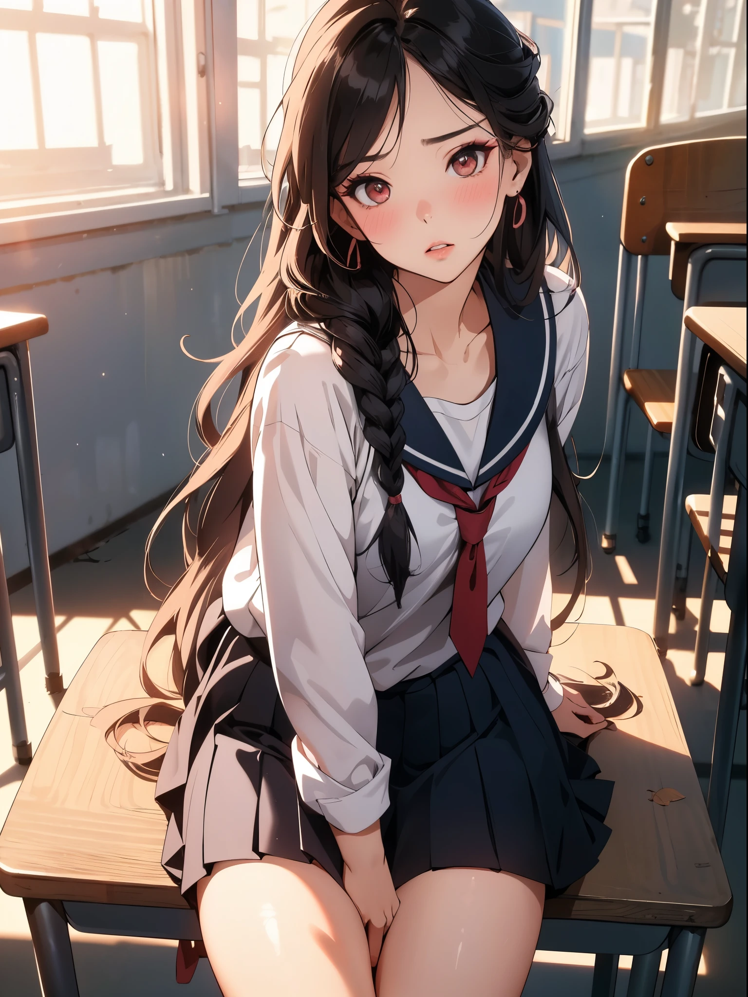 1woman, long hair, mature, parted lips, blush, makeup, provoking, sitting, school uniform, classroom, light rays, glow, thighs, collarbone, narrow waist, (masterpiece), wallpaper, wide angle, from above