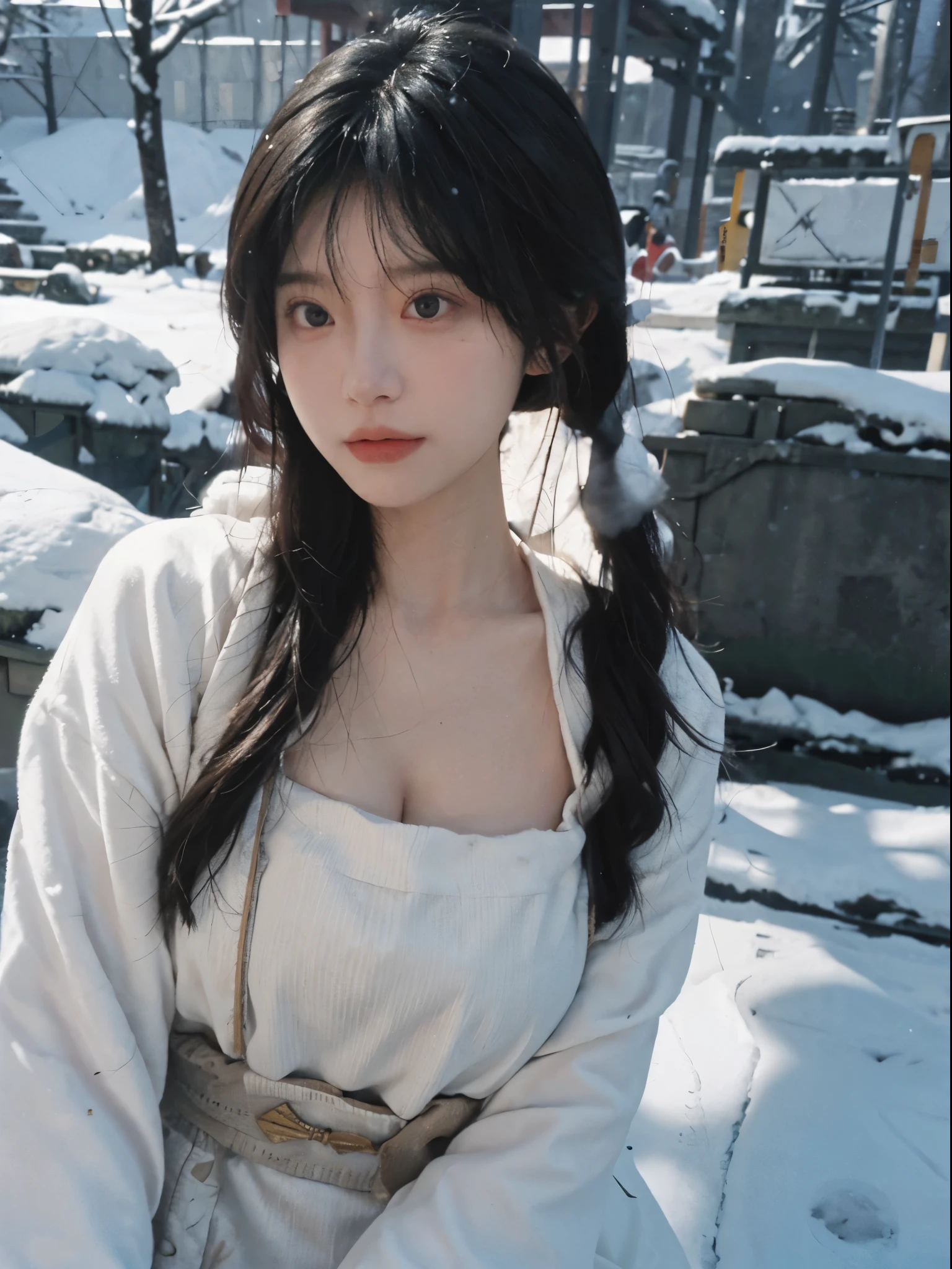Best quality, 超高分辨率, white backgrounid,(realistically:1.4), girl, A pair of eyes as clear as snow,Imperial sister,Black long straight, looking at viewert, closeup cleavage ,
