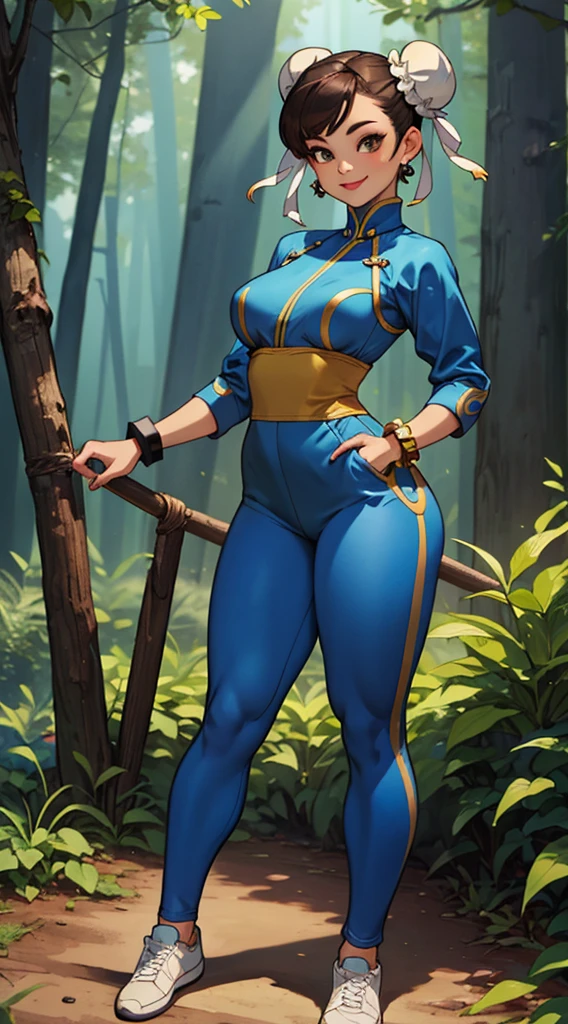 1girl, Chun-li, short brown hair, double bun, (alone), (standing), (Curvy), smile, (masterpiece), (best quality, highly detailed, intricate, (blue legging jumpsuit), Forest, Spike bracelet,