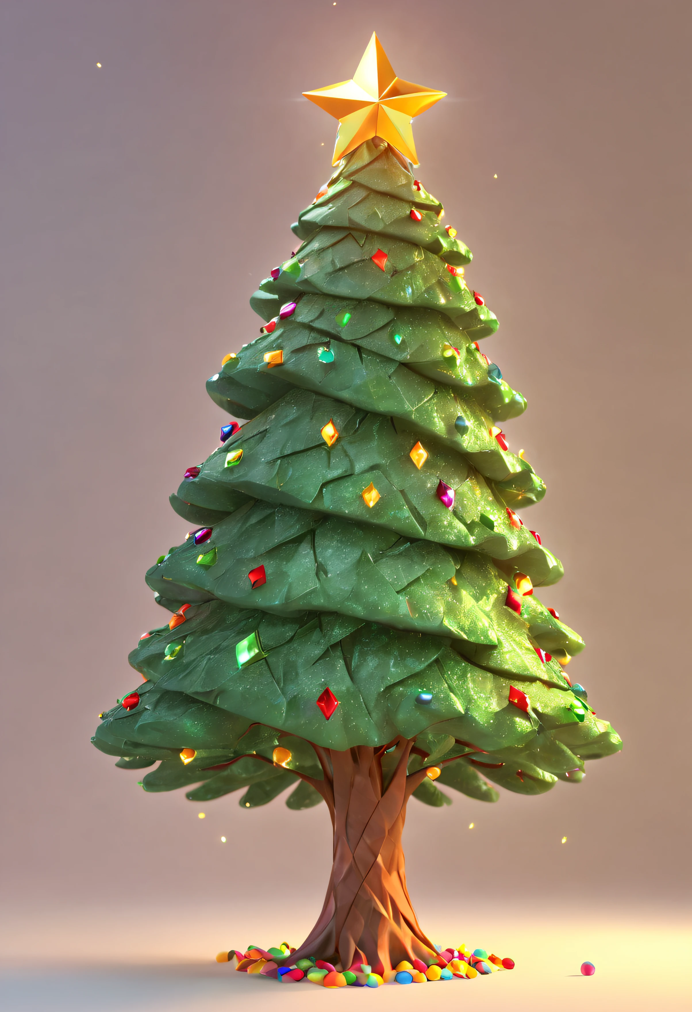 cute lowpoly christmas tree, minimalistic tree with big diamont form of lights, big diamond form bubbles as lights on the christmas tree, CLOSEUP closeup to top of christmas tree, wide tree, detailed 3d normals and beautiful texture, rainbow bright rim light at the right side, beautiful post effects, masterpiece cgi, perfect 3d render, crisp sharp render, pixar realistic style