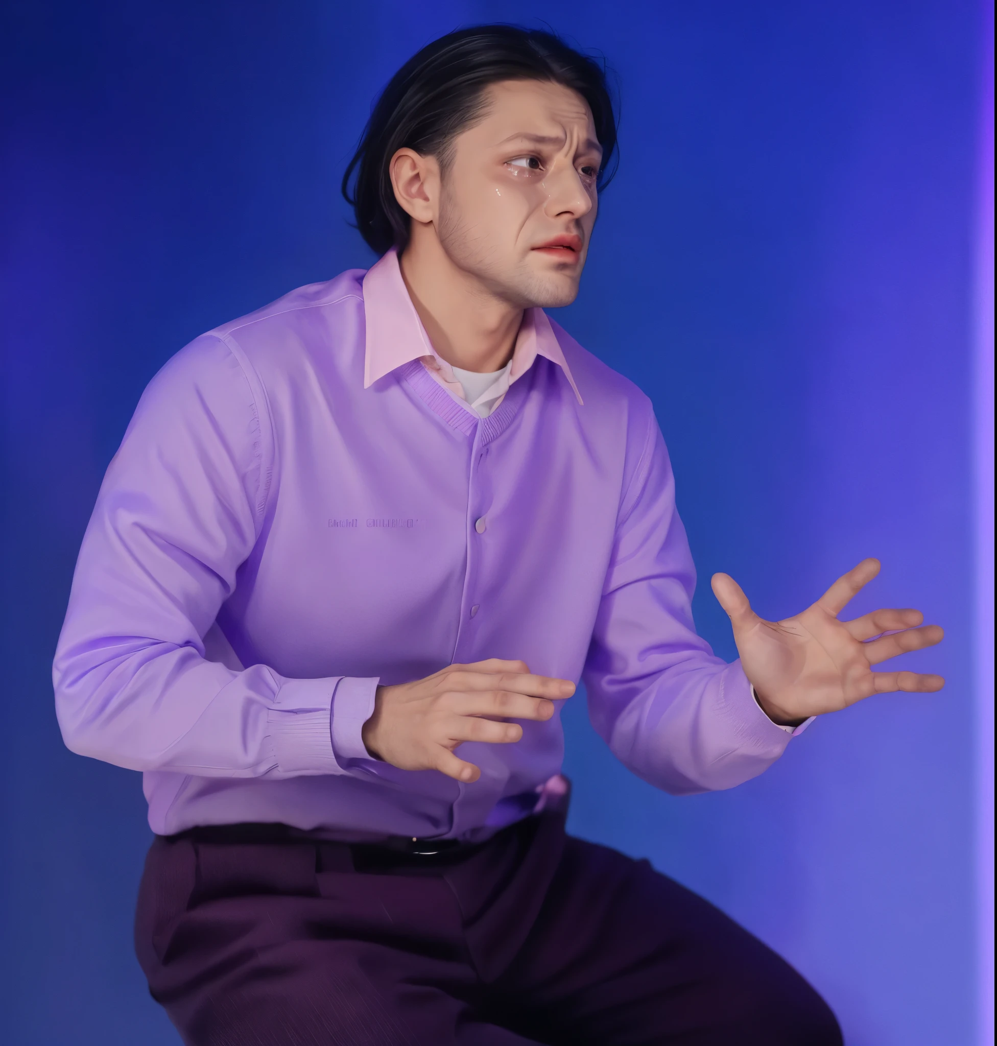 (man),(realistic,photorealistic),(man crying),(violet clothes),(posing),(rim lighting),(4k,high resolution),(glossy hair ), hyperrealistic, dark background, rim light, glossy hair, rim light