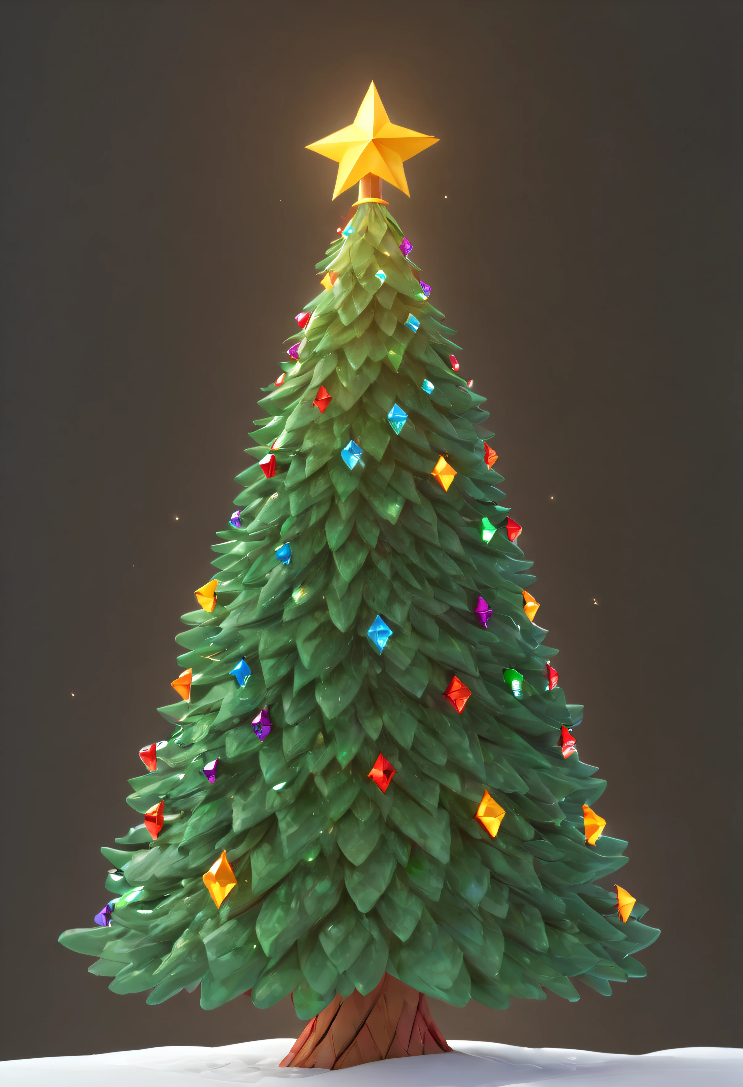 cute lowpoly christmas tree, minimalistic tree with big diamont form of lights, big diamond form bubbles as lights on the christmas tree, CLOSEUP closeup to top of christmas tree, wide tree, detailed 3d normals and beautiful texture, rainbow bright rim light at the right side, beautiful post effects, masterpiece cgi, perfect 3d render, crisp sharp render, pixar realistic style