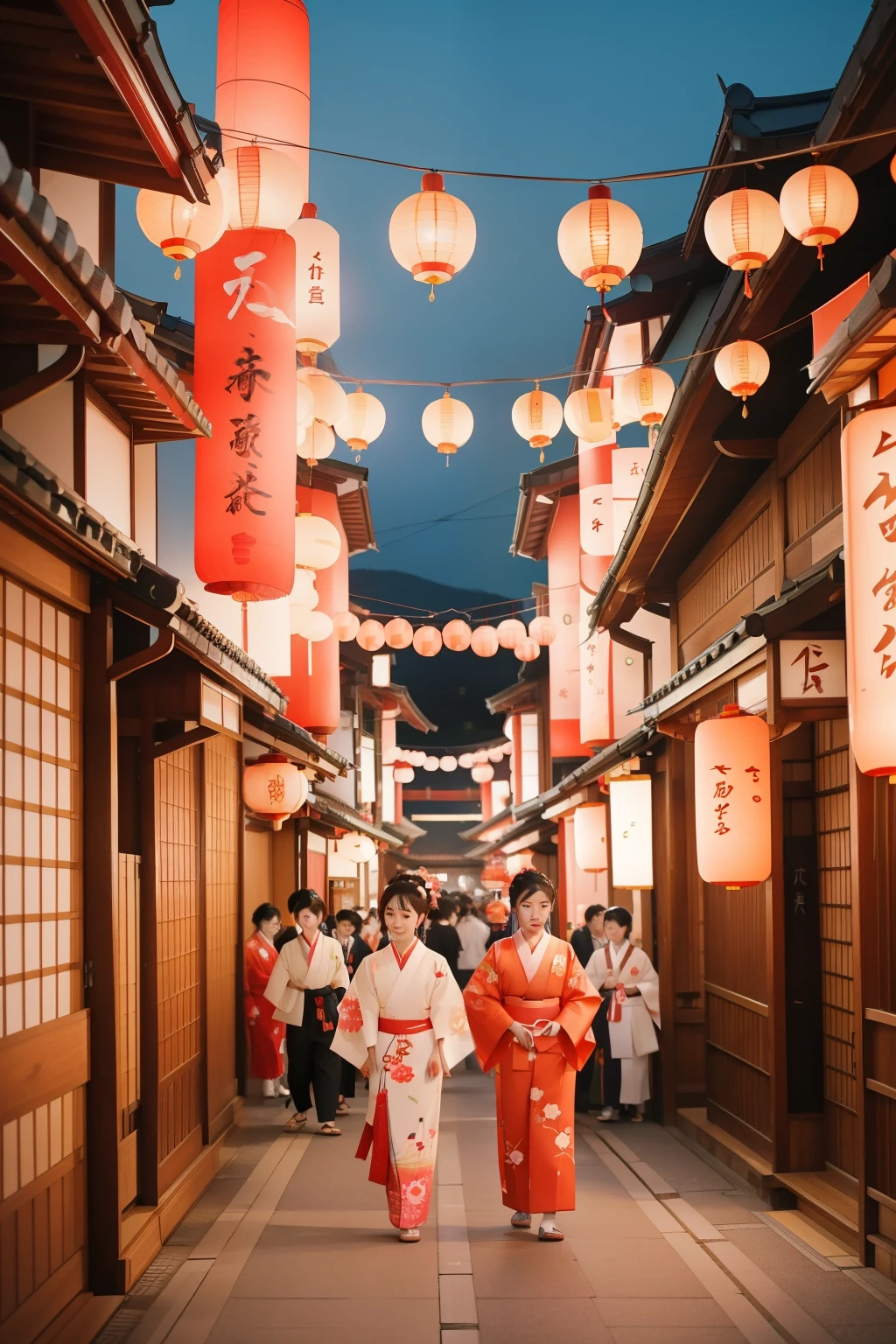 Year: 2023. Activity: Japanese New Year Festival in Kyoto.
Description: A lively street festival in Kyoto with characters dressed in traditional kimonos. Colorful lanterns, decorative floats, and the joyful atmosphere of New Year's celebrations.