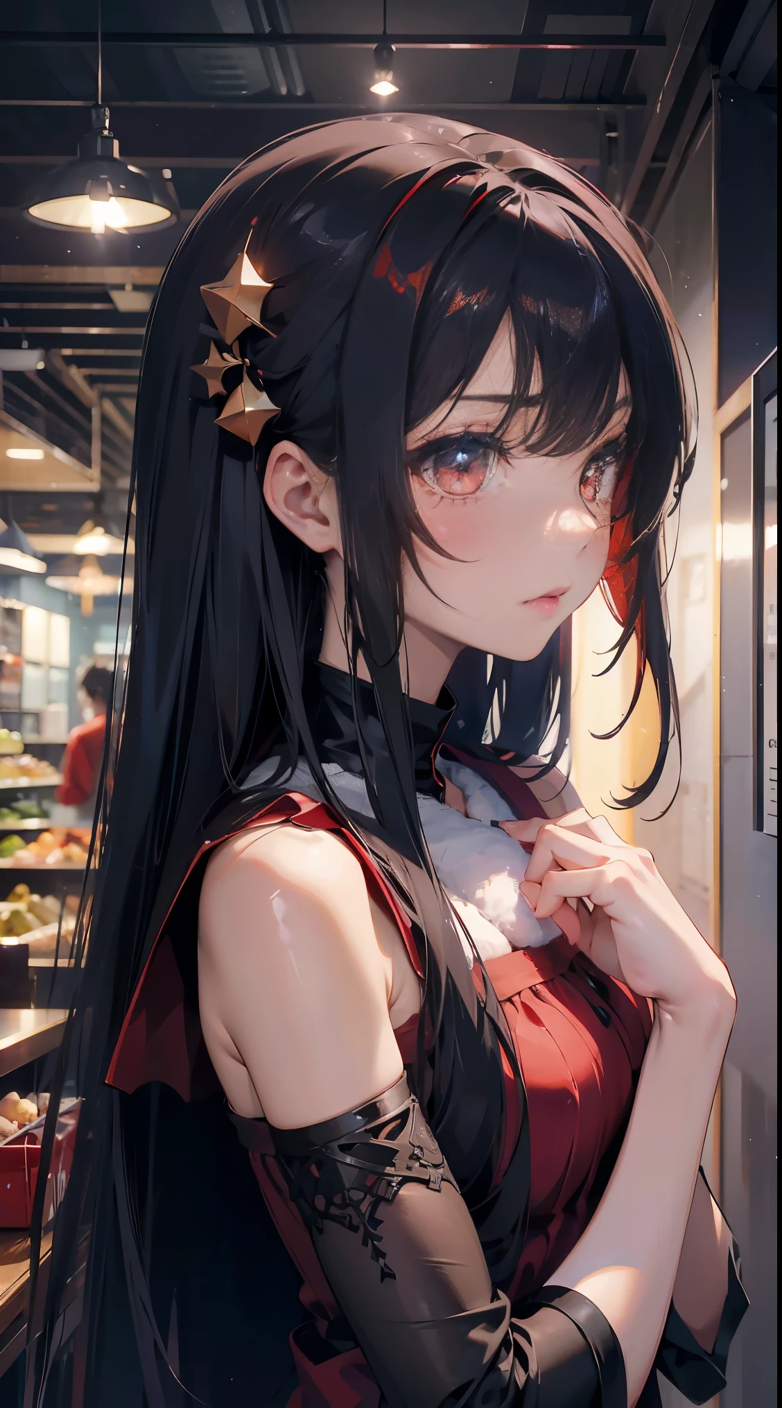 (Best Quality,4K,High resolution), 18yo woman, Red mesh hair on black hair, Shiny long straight hair, Innocence,sharp eye、red eyes、small nose、eye liner、 Luxury Black Silk Babydoll、Lonely face、Shoku、profile、slenderbody、Comical appearance,comic strip,animesque,Deformed cute illustration、Delicately expresses realistic skin texture、Muscle texture reproduction、Knife Art、Christmas、Christmasコスプレ、