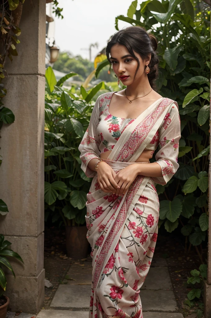 18 yearold girl(best quality,4k,8k,highres,masterpiece:1.2),ultra-detailed,(realistic,photorealistic,photo-realistic:1.37),portrait,girl,wearing saree maxi,small chain on neck,black hair,hair band in ponytail,vivid colors,soft lighting,lush garden background,subtle bokeh,warm color tones,rich girl,red lipstick,earing,wearing same dress,wearing saree,traditional maxi ,beutifull print,not asspose skin,long full sleeve long dress,hide the skin with dress shy,blouse touches the skirt,net fabric shawl,wearing a small bangle on hand,round neck design dress,wearing bangles