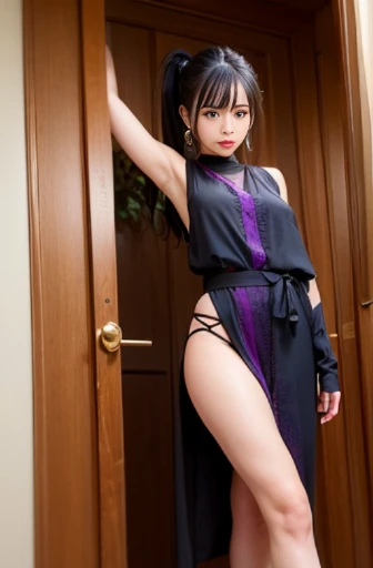 poneyTail A dark-haired Purple sleeveless kimono with exposed arms and legs beautiful thighs and arms A glimpse of red loincloth