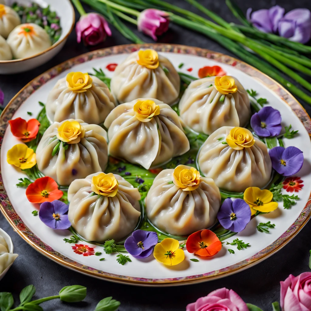 (most exquisite,gourmet,delicious,artistic:1.2)flower dumplings,colourful edible flowers (such as roses,tulips and violets),handmade dough,pork and vegetable filling,steamed dumplings,serving on a rose-patterned porcelain plate,freshly picked herbs and spring onions as garnish,vibrant and appetizing presentation (artistry:1.1),natural lighting emphasizing the vibrant colors