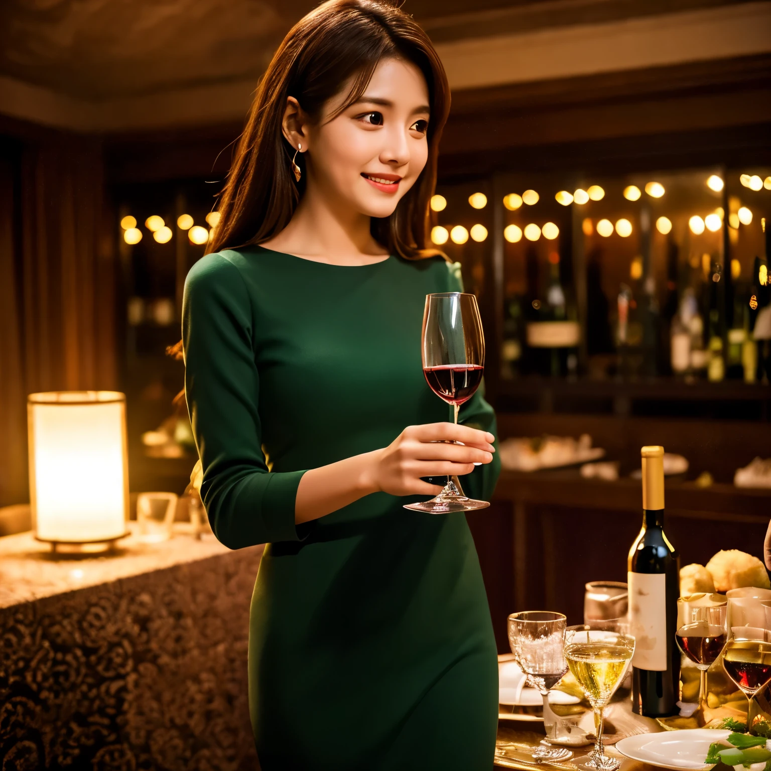 woman standing without clothes Right hand holding a wine bottle There is a left holding a wine glass. At the New Year's banquet ,HDR ,Realistic,Photograph