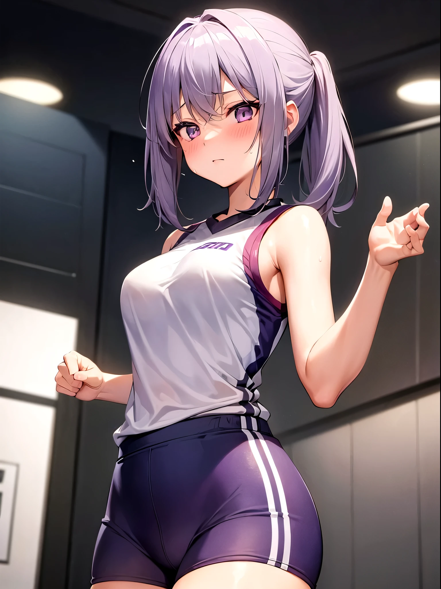 1girl , volleyball uniform, Silver medium hair, purple eyes, cute, blush, medium breasts, sweat, see through