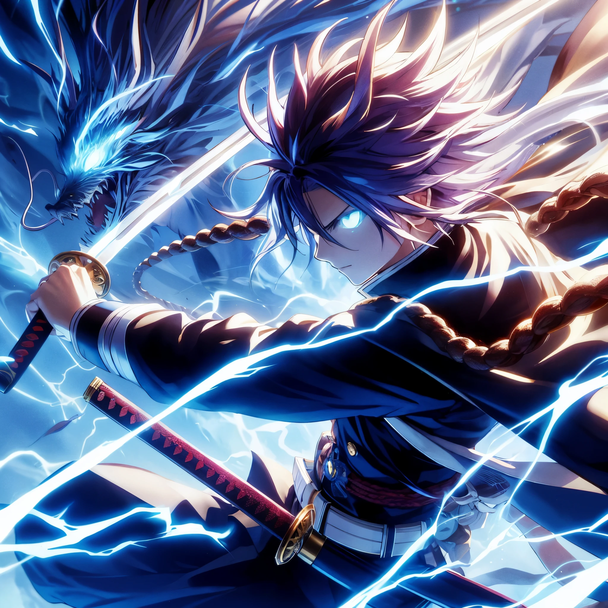 Anime sword waving, action, scene, Japanese sword, motion blur, lightning effect, slash, dragon