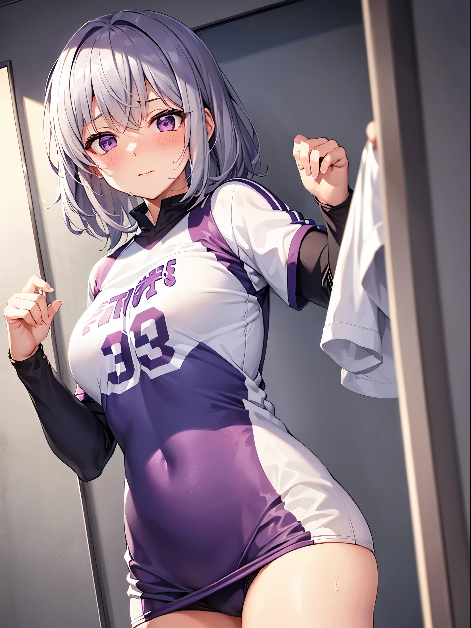 1girl , volleyball uniform, Silver medium hair, purple eyes, cute, blush, medium breasts, sweat, see through