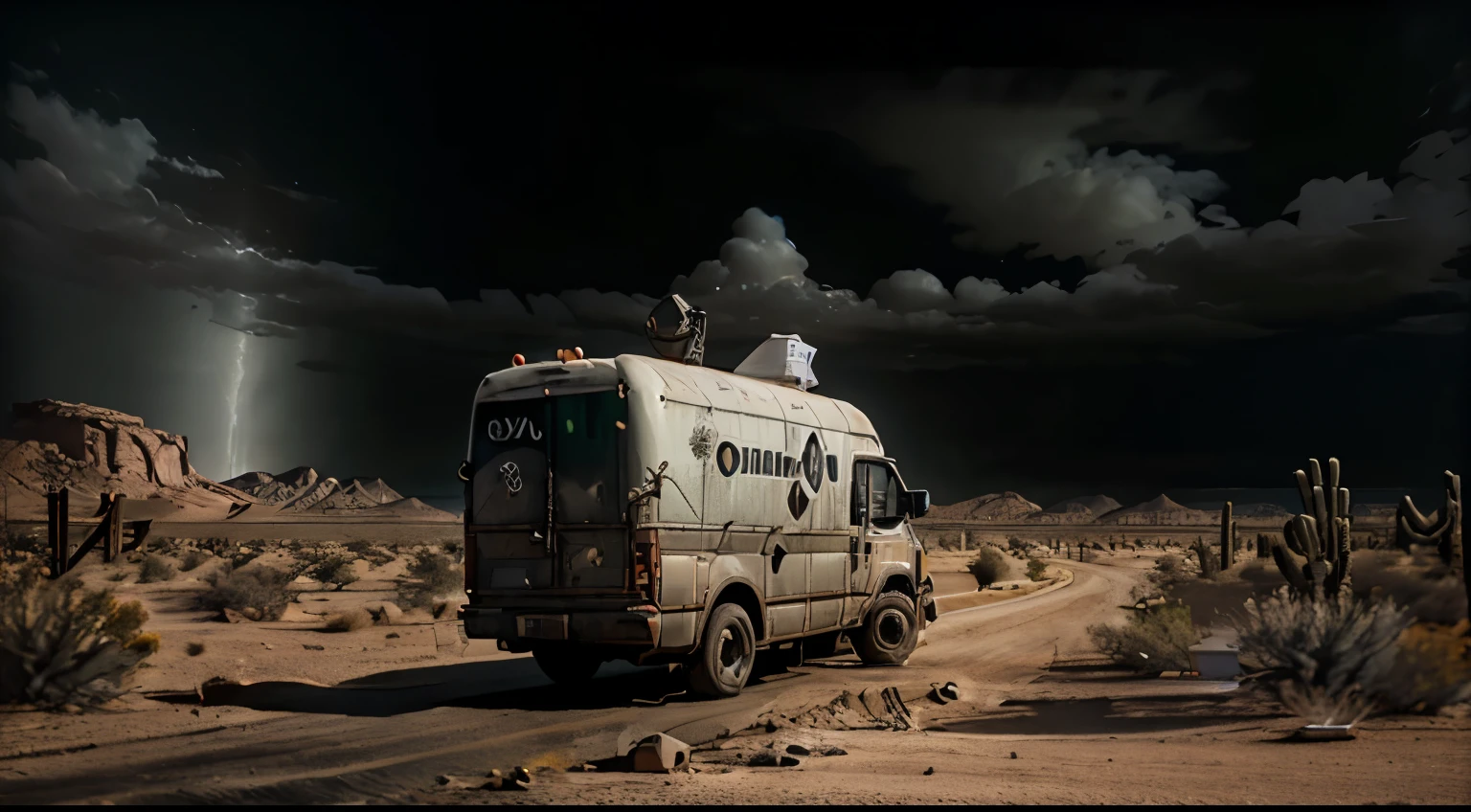 Overcast. Smooth flat desert. Ahead the desert ends with a cliff. Bottomless Abyss, the sky is black with clouds. A surreal garbage truck stands at the edge. A driver in overalls stands near the car and smokes.. He watches as the machine pours a continuous stream of sparkling diamonds into the abyss, sparkling stream from the back of a garbage truck. Straight into the black abyss.