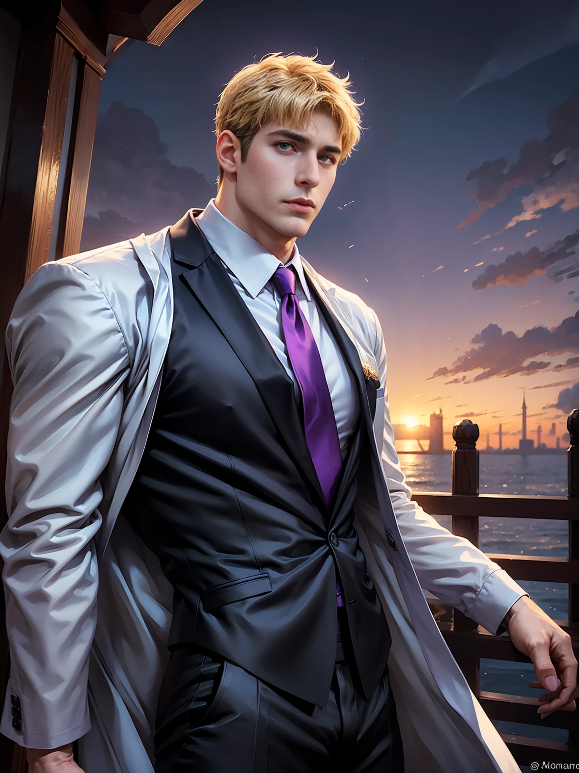 anime.Constantine the Great, Roman Emperor Constantine the Great resurrected in modern times。34 years old。one adult male。Long body。broad shoulder。thick neck。eyes like a lion。Bright and sharp eyes。Looking here。Sincere and kind。Kind and reliable。Deal with it sternly if necessary.。talented and hardworking businessman。successful gentleman。careerist。he is wearing a high quality white suit。dark purple tie。Light purple shirt。forceful。An overwhelming sense of control。romance novel hero。Bold composition。look up to。lyrical。Dramatic。heartful。Romantic。opulent。elegan。elegance。Venice background in the sunset。masterpiece。top-quality。Super beautiful。The ultra -The high-definition。detaileds。exquisite。