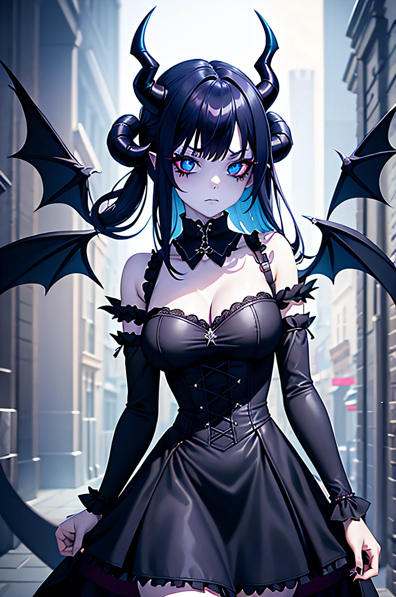 a demon girl with horns and a dress, Goth Outfit, Gothic, Blaue Augen, Blaue Haare, white skin, Kurzer Rock, long stockings, 1Girl, maximal eine Person, Halsband, Nacht, best qulaity, UHD, Detailiert, hight resolution