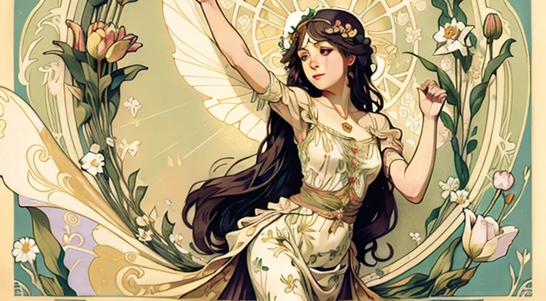 flower fairy, draped in a delicate dress, flying over a tulip, beautiful, art nouveau, alfonse mucha, painted by alfonse muca and gustav klimt