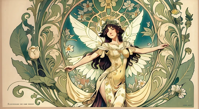 lwsh, (advertising poster) of Moulin Rouge show, illustration of a cute woman, showing The Feathery Femme, A feathered bodysuit with a plunging neckline, paired with high-waisted shorts and feathered headdress