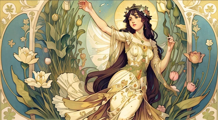 flower fairy, draped in a delicate dress, flying over a tulip, beautiful, art nouveau, alfonse mucha, painted by alfonse muca and gustav klimt