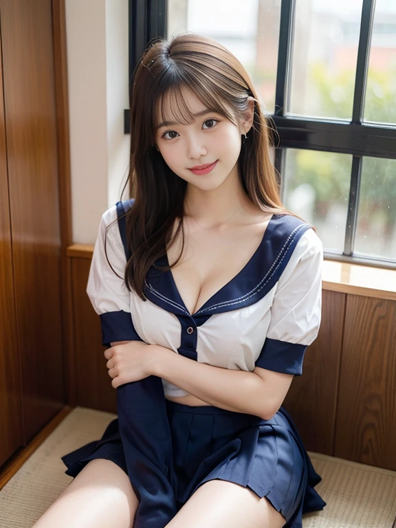 japanes、girl with、1人、sixteen years old、A dark-haired、length hair、poneyTail、high-school uniform、a sailor suit、やぶけた白いa sailor suit、Underwear on bare chest(Ren Hao)is visible、shortsleeves、cleavage of the breast、Dark blue mini skirt、thighs thighs thighs thighs、knee sox、tiny chest、Gentle smile、lightly dressed、Skin revealing、A hyper-realistic